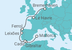 Reiseroute der Kreuzfahrt  10 Nächte - Die Sonnenseiten Westeuropas - ab Palma/bis Bremerhaven - Mein Schiff