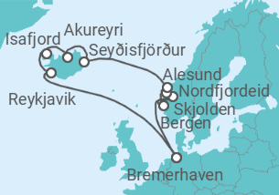 Reiseroute der Kreuzfahrt  14 Nächte - Norwegens Fjorde und Islands Naturwunder  - ab/bis Bremerhaven - Mein Schiff