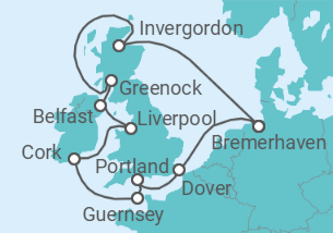 Reiseroute der Kreuzfahrt  14 Nächte - Rund um die grüne Insel - ab/bis Bremerhaven - Mein Schiff
