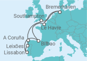 Reiseroute der Kreuzfahrt  12 Nächte - Westeuropas Vielfalt - ab/bis Bremerhaven - Mein Schiff