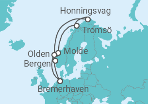 Reiseroute der Kreuzfahrt  11 Nächte - Norwegens Fjordwelten mit Nordkap - ab/bis Bremerhaven - Mein Schiff