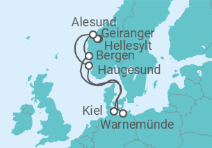 Reiseroute der Kreuzfahrt  7 Nächte - Naturwunder Fjordland - ab Warnemünde/bis Kiel - mit Flug - Mein Schiff