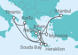 Reiseroute der Kreuzfahrt  14 Nächte - Griechische Inseln und Istanbul intensiv - ab/bis Heraklion - mit Flug - Mein Schiff