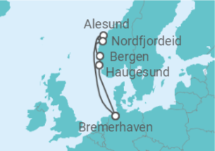 Reiseroute der Kreuzfahrt  7 Nächte - Norwegens Fjordwelten - ab/bis Bremerhaven - Mein Schiff
