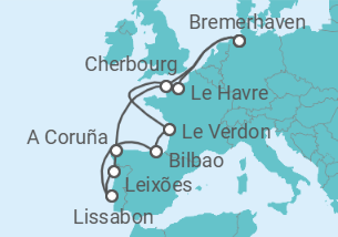 Reiseroute der Kreuzfahrt  14 Nächte - Westeuropas Vielfalt - ab/bis Bremerhaven - Mein Schiff