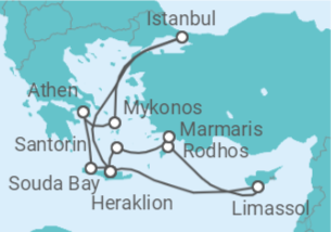 Reiseroute der Kreuzfahrt  14 Nächte - Griechische Inseln und Istanbul intensiv - ab/bis Heraklion - Mein Schiff