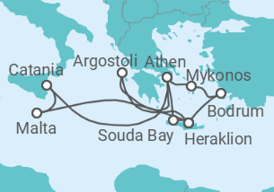 Reiseroute der Kreuzfahrt  14 Nächte - Inselperlen des Mittelmeers mit Athen - ab/bis Heraklion - Mein Schiff