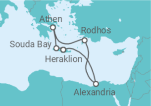 Reiseroute der Kreuzfahrt  7 Nächte - Kulturschätze Ägyptens und Griechenlands - ab/bis Heraklion - mit Flug - Mein Schiff