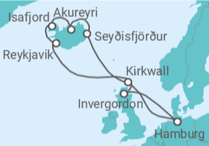 Reiseroute der Kreuzfahrt  Island-Rundreise ab Hamburg - AIDA