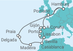 Reiseroute der Kreuzfahrt  Große Winterpause Azoren & Marokko - mit Flug - AIDA