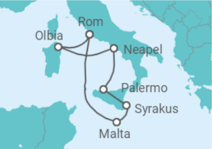 Reiseroute der Kreuzfahrt  Italien & Malta - mit Flug - AIDA
