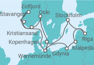 Reiseroute der Kreuzfahrt  Norwegen, Dänemark, Deutschland, Polen, Litauen, Lettland, Schweden - MSC Cruises