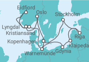 Reiseroute der Kreuzfahrt  Deutschland, Polen, Litauen, Lettland, Schweden, Dänemark, Norwegen - MSC Cruises