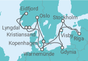 Reiseroute der Kreuzfahrt  Deutschland, Norwegen, Dänemark, Polen, Schweden, Lettland Alles Inklusive - MSC Cruises