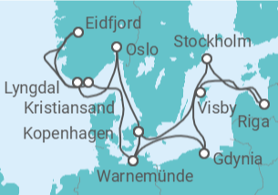 Reiseroute der Kreuzfahrt  Deutschland, Norwegen, Dänemark, Polen, Schweden, Lettland - MSC Cruises