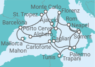 Reiseroute der Kreuzfahrt  An Extended Journey of Chic Riviera Magic and Mediterranean Island Brilliance - Explora Journeys