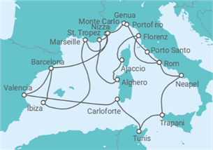 Reiseroute der Kreuzfahrt  An Extended Journey through Mediterranean Charm, Rugged Beauty and Iconic Culture - Explora Journeys