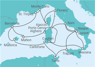 Reiseroute der Kreuzfahrt  An Extended Journey of Romantic Piazzas, Carthaginian Ruins and Idyllic Coastlines - Explora Journeys