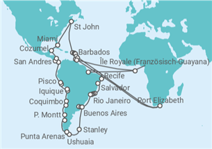 Reiseroute der Kreuzfahrt  CIRCLE SOUTH AMERICA GRAND VOYAGE - Azamara