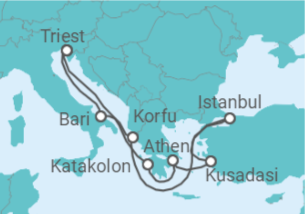Reiseroute der Kreuzfahrt  Italien, Griechenland, Türkei - MSC Cruises