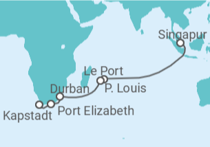 Reiseroute der Kreuzfahrt  Singapur, Mauritius, Südafrika - Cunard