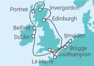 Reiseroute der Kreuzfahrt  Vereinigtes Königreich, Irland, Niederlande, Belgien, Frankreich - NCL Norwegian Cruise Line
