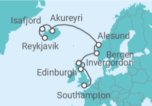 Reiseroute der Kreuzfahrt  Vereinigtes Königreich, Norwegen, Island - NCL Norwegian Cruise Line
