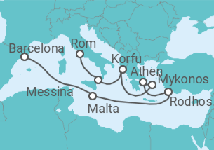 Reiseroute der Kreuzfahrt  Italien, Griechenland, Spanien - Disney Cruise Line