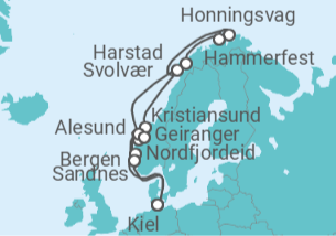 Reiseroute der Kreuzfahrt  Kiel • Bergen • Nordfjordeid • Kristiansund • Lofoten • Nordkap • Hammerfest • Harstad • Ålesund • G - Nicko Cruises