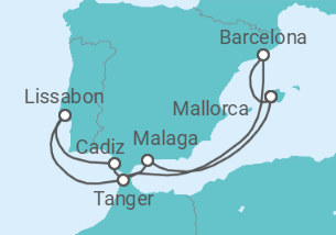 Reiseroute der Kreuzfahrt  10 Nächte - Sonniges Iberien und Marokko - ab/bis Palma - Mein Schiff