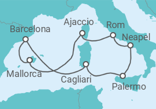 Reiseroute der Kreuzfahrt  10 Nächte - Metropolen des westlichen Mittelmeers - ab/bis Palma
- mit Flug - Mein Schiff