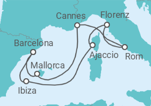 Reiseroute der Kreuzfahrt  Spanien, Frankreich, Italien - Virgin Voyages