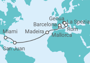 Reiseroute der Kreuzfahrt  Italien, Spanien, Portugal, Puerto Rico - MSC Cruises