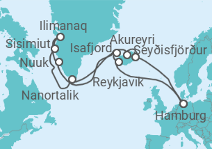 Reiseroute der Kreuzfahrt  Island & Grönland mit Sonnenfinsternis ab Hamburg - AIDA