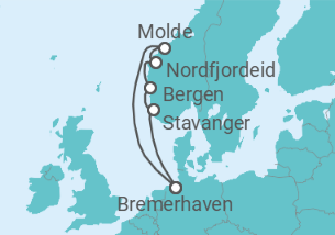 Reiseroute der Kreuzfahrt  7 Nächte - Norwegens Fjordwelten - ab/bis Bremerhaven - Mein Schiff