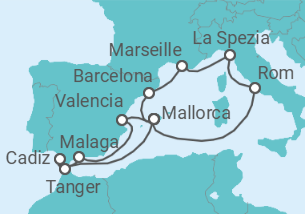 Reiseroute der Kreuzfahrt  14 Nächte - Kulturelle Vielfalt im westlichen Mittelmeer - ab/bis Palma - Mein Schiff