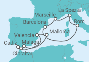 Reiseroute der Kreuzfahrt  14 Nächte - Höhepunkte des westlichen Mittelmeers - ab/bis Palma - Mein Schiff