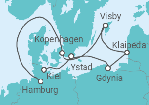 Reiseroute der Kreuzfahrt  Kiel • Ystad • Danzig • Klaipeda • Gotland • Kopenhagen • Hamburg - Nicko Cruises