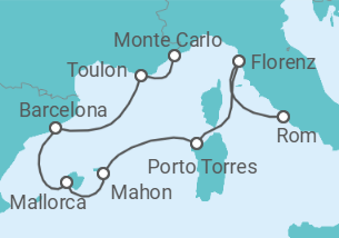 Reiseroute der Kreuzfahrt  Italien, Spanien, Frankreich - Oceania Cruises