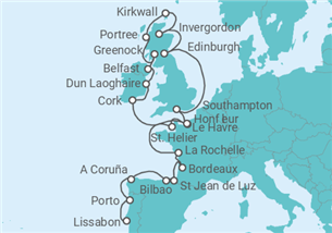 Reiseroute der Kreuzfahrt  Von Lissabon (Portugal) nach Le Havre (Frankreich) - Oceania Cruises