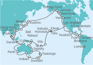 Reiseroute der Kreuzfahrt  WC Grand Circle Pacific - Ft.  Lauderdale to Los Angeles - Princess Cruises