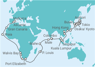 Reiseroute der Kreuzfahrt  Weltenbummler Asien zur Frühlingsblüte und Afrika - mit Flug - AIDA