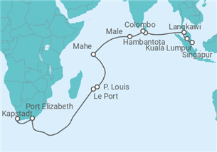 Reiseroute der Kreuzfahrt  Von Singapur über Mauritius nach Kapstadt - AIDA