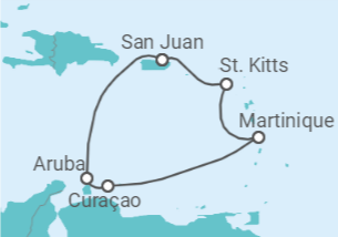 Reiseroute der Kreuzfahrt  Aruba, Curaçao, Martinique - Virgin Voyages