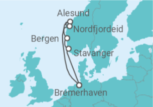 Reiseroute der Kreuzfahrt  7 Nächte - Norwegens Fjordwelten - ab/bis Bremerhaven - mit Flug - Mein Schiff