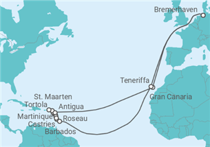 Reiseroute der Kreuzfahrt  35 Nächte - Traumreise in die Karibik - ab/bis Bremerhaven - mit Flug - Mein Schiff