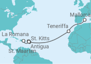 Reiseroute der Kreuzfahrt  14 Nächte - Transatlantik - ab Palma/bis La Romana - Mein Schiff