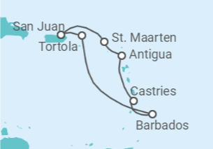 Reiseroute der Kreuzfahrt  Britische Jungferninseln, Barbados, St. Lucia, Antigua Und Barbuda, Sint Maarten - Virgin Voyages