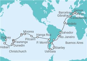 Reiseroute der Kreuzfahrt  Weltreise - MSC Cruises