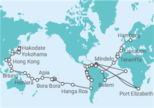 Reiseroute der Kreuzfahrt  Vasco da Gama Weltreise 2026-2027 - Nicko Cruises